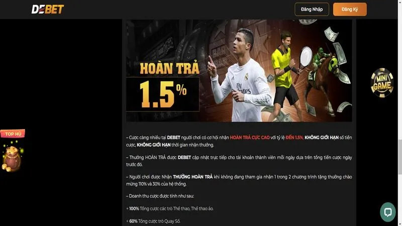 Hoàn trả không giới hạn 1.5% áp dụng cho mọi sảnh chơi tại Debet Hoàn trả không giới hạn 1.5% áp dụng cho mọi sảnh chơi tại Debet